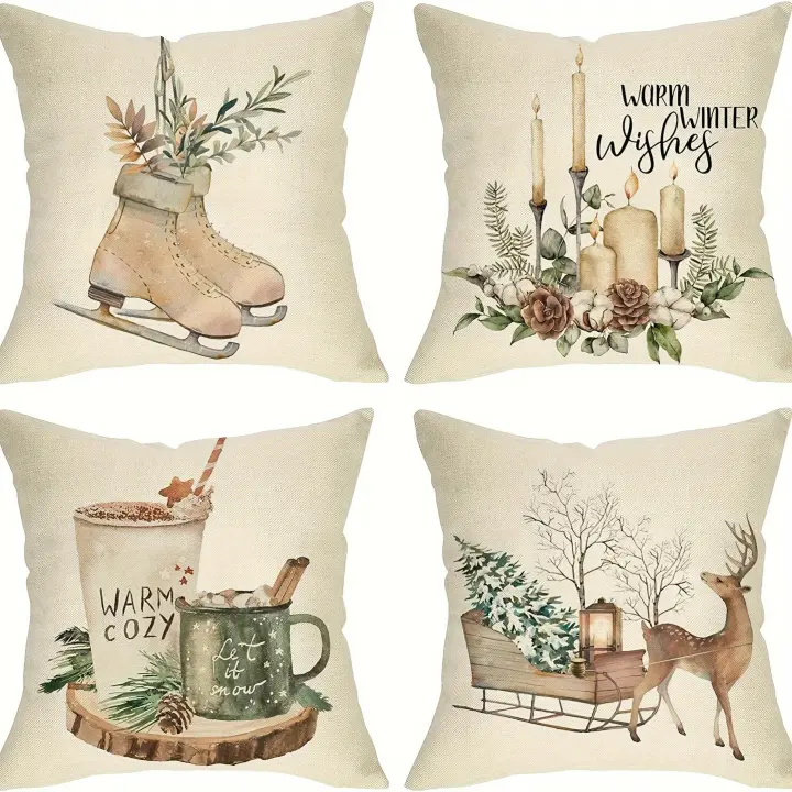 4 fundas de almohada de Ciervo y Botas de Esquí marineras, fundas de juguete de textil Mixto de Lino para Sofá, dormitorio, decoración del Hogar, accesorios de Cena coleccionables y Luz DE LAS Velas (no incluido) - 1