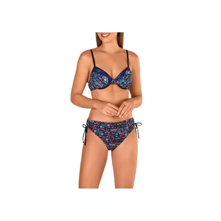 Tamouré by Dolores Cortés Bikini elegante. Bikini Marino Aro Copa B Midi Tamouré de Dolores Cortés. 3120. Bikini estampado en color marino con top de copa B, aro y relleno para una sujeción favorecedora. Diseño cómodo que realza el busto - 1