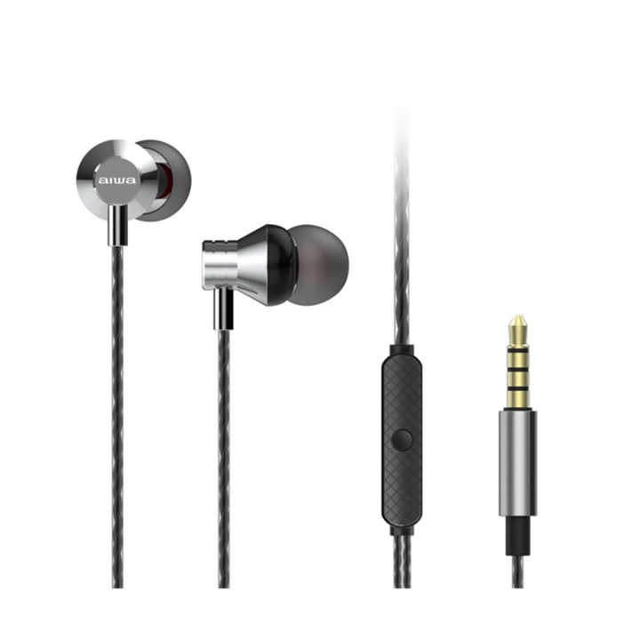 Aiwa ESTM-50 Auriculares con Micrófono Carcasa de metal para auriculares para un sonido de alta calidad y graves potentes. Controlador de altavoz de neodimio dinámico grande de 10 mm con impedancia de 16 ?. Respuesta de frecuencia de audio: 20Hz ~ 20,000H