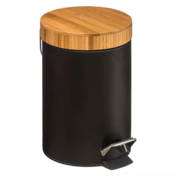 Papelera de Baño 3L con Pedal de Metal y Tapa de Bambú Negro - 1