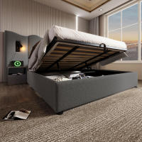 Cama tapizada Twin 180x200 with Luz de Lectura y Carga USB Type-C, somier de almacenamiento with Marco de listones de Madera maciza y metal, Gris, Linen (sin edredón). - details 4