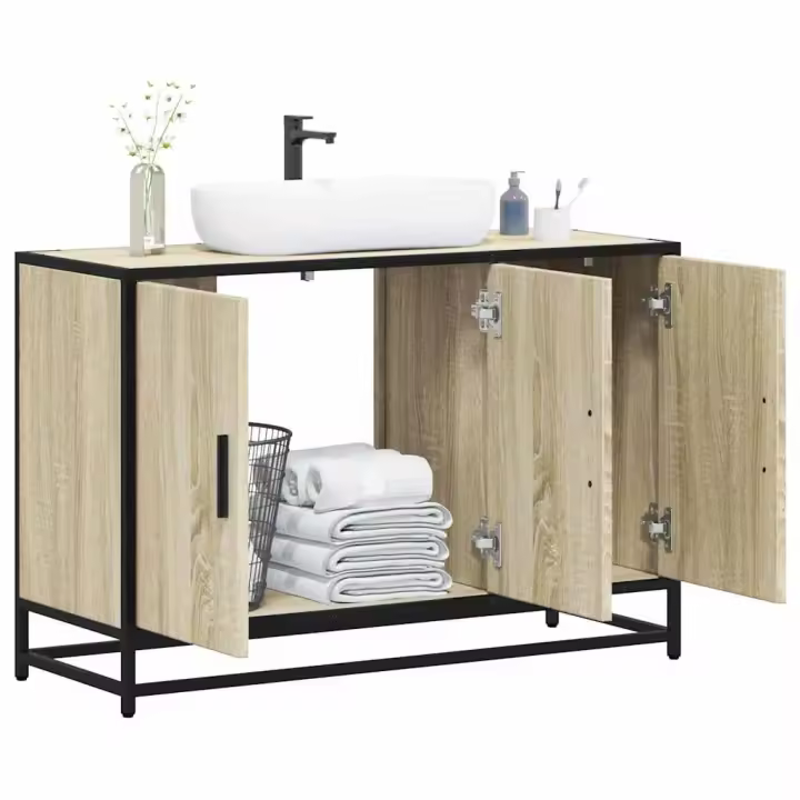 vidaXL Armario lavabo baño madera ingeniería 90x33x60 cm en color Roble ahumado/Marrón roble/Gris sonoma y más | almacenamiento funcional diseño moderno para baño dormitorio sala - 1
