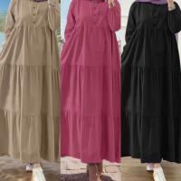 Vestido Largo De Mujer Estilo Vintage Con Volantes Y Cuello O Regular Manga Larga Abaya Musulmana Kaftan Fashion Casual - details 0