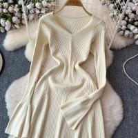 Vestido Largo Elegante Para Mujer Con Mangas Flared Y Volantes Cuello V Solido Bodycon Para Fiesta Y Oficina Polyester Mid-Calf - details 18