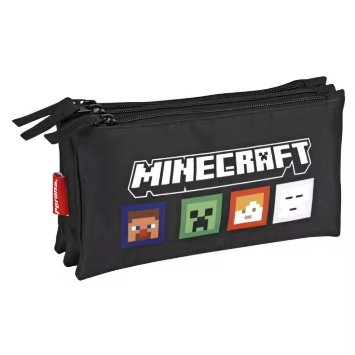 Portatodo Minecraft triple. Portatodo con diseño moderno y parches incluidos. Ideal para organizar lápices y accesorios con estilo. - 1
