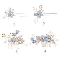Peine De Boda Lujo Azul Con Flores Y Hojas Doradas Accesorios De Cabello Para Mujer Joyería Para El Cabello Clásica Para Fiesta Y Novia - details 3