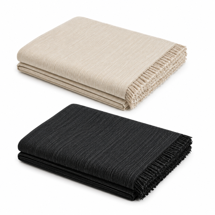 Elegant Textured Blanket by WECA FAMILY - 70% Cotton 30% Polyester, lightweight and versatile for year-round use on beds, sofas, or as a decorative throw; available in two colors (Light/Crude, Dark/Black) and two sizes (200x270 cm, 230x270 cm).