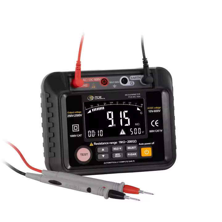 Voltímetro de aislamiento con memoria interna / Funciones PI, DAR y HOLD / Desconexión automática / Alimentación por pilas / Pantalla LCD de 3,7" con retroiluminación / PCE Instruments - 1