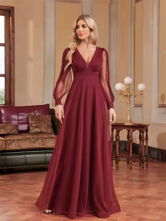 Vestido De Noche Elegante De Tulle Con Cuello En V Manga Larga Para Mujer Floor-Length Fiesta Cocktail Graduación Prom Chiffon - 1