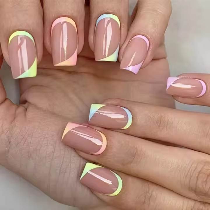 Uñas postizas cuadradas Cortas, 24 unidades, onuladas, acrílicas, cobertura total, with pegamento para Mujeres y niñas (degradado Francés multicolor) - 1