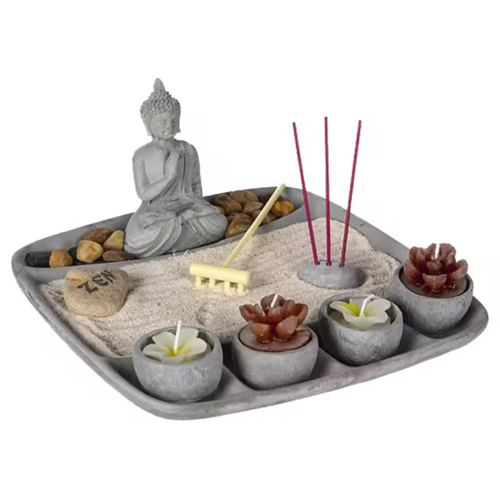 Atmosphera Jardín Zen Cemento 24X24X12 - Set de Buda, Rastrillo y Cuencos Portavelas - 1