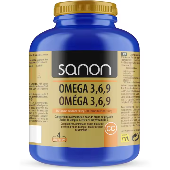 SANON Omega 3 6 9 - Complemento Alimenticio - 360 Cápsulas Blandas de 720mg elaboradas con Aceites Vegetales y Pescado - Rico en Ácidos Grasos Esenciales - Suministro para 3 meses - 1