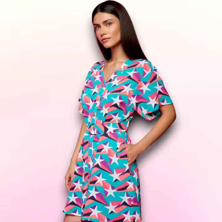 Vestido Camisero Kimmel Estrellas Minueto - Escote Pico y Cinturón - 1