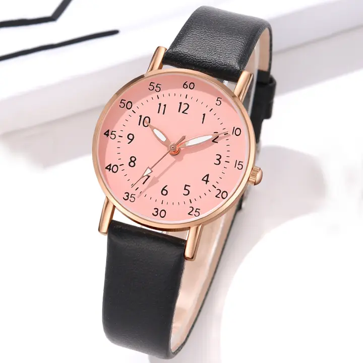 Reloj De Cuarzo Para Parejas Estilo Minimalista Blanco Con Dial En Numeros Romanos Y Correa De Cuero Rosa Ideal Regalo Para Ella - 1