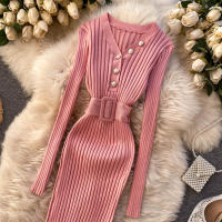 Vestido Bodycon Elegante De Mujer REALEFT Otoño Invierno 2024 Con Cinturón Y Botones De Manga Larga Estilo Casual Longitud Pierna - details 11