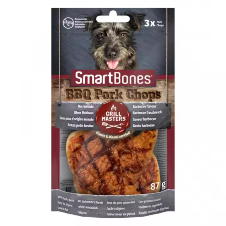 SMARTBONES BBQ PORK CHOPS SmartBones® 3 unidades, elaboradas para perros de todos los tamaños, masticables, sin cuero crudo, forma de costilla y aroma a auténtica carne a la barbacoa, irresistiblemente deliciosos, sabor a barbacoa. - 1