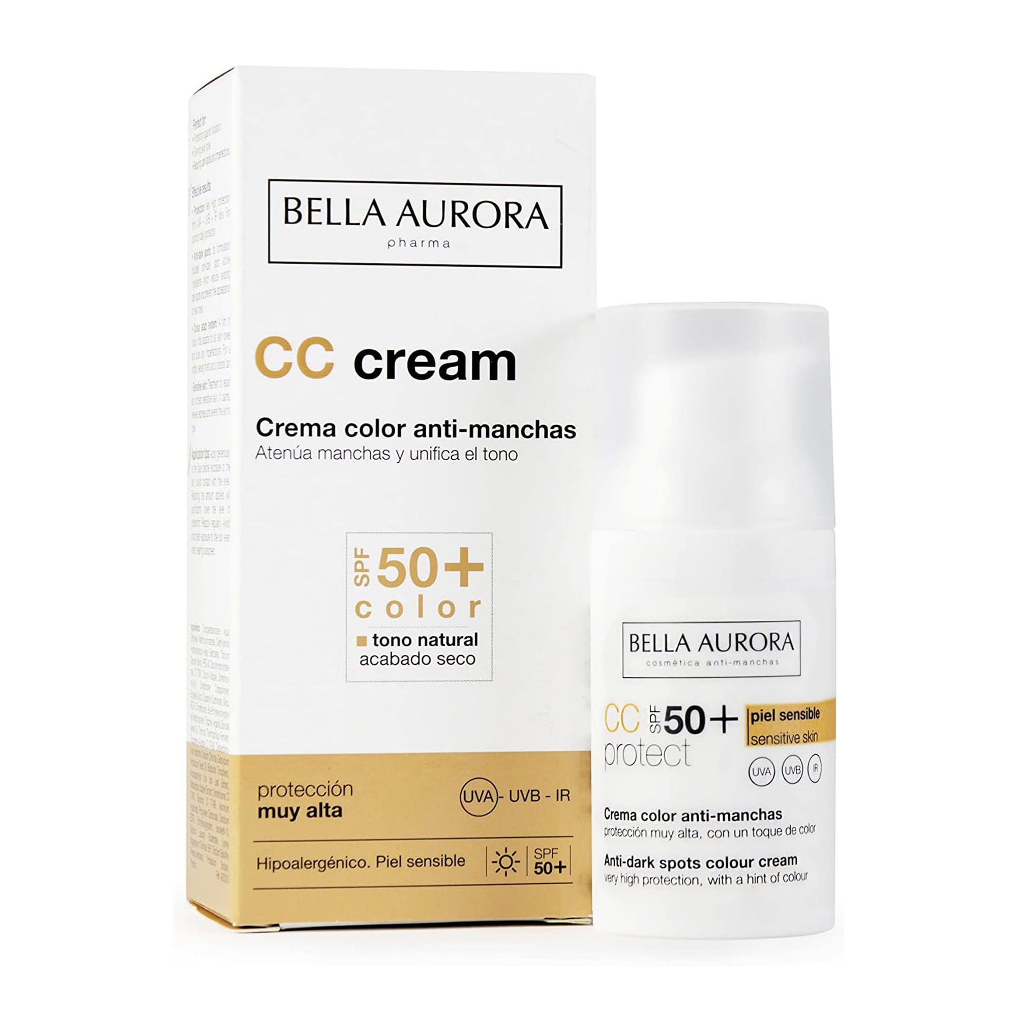 BELLA AURORA - Crema Color Anti-Manchas Tono Natural 30 ml, Crema Facial con Color SPF 50+, para Piel Sensible, Color-Adapt System, Previene el Envejecimiento Prematuro , CC Cream Antimanchas
