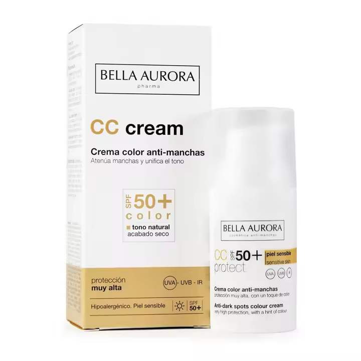 BELLA AURORA - Crema Color Anti-Manchas Tono Natural 30 ml, Crema Facial con Color SPF 50+, para Piel Sensible, Color-Adapt System, Previene el Envejecimiento Prematuro , CC Cream Antimanchas - 1