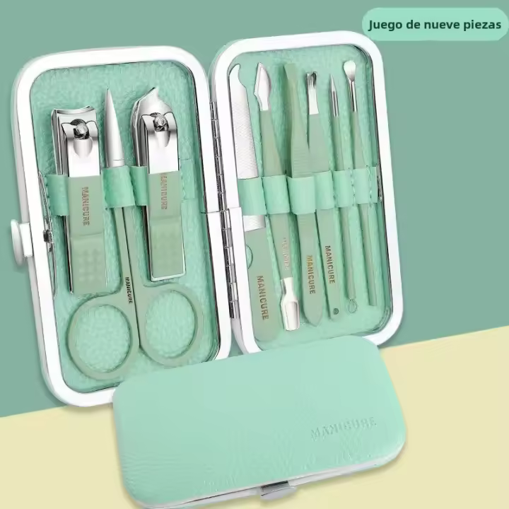 Set De Uñas Portátil Deluxe 18 Piezas Verde Con Cortauñas Y Linterna Herramientas De Cuidado Personal Hojas De Acero Inoxidable - 1