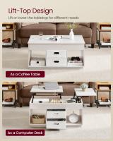 Mesa de Centro, Mesa de Café con Tablero Elevable, 2 Cajones y Compartimentos Ocultos, Estantes Abiertos, para Sala de Estar, Estudio, Blanco o Beige - details 3