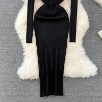Vestido Largo A-Line Elegante De Cintura Alta Con Escote En V Para Mujer REALEFT Knitted Wrap Vestido De Poliéster Otoño Invierno - details 28