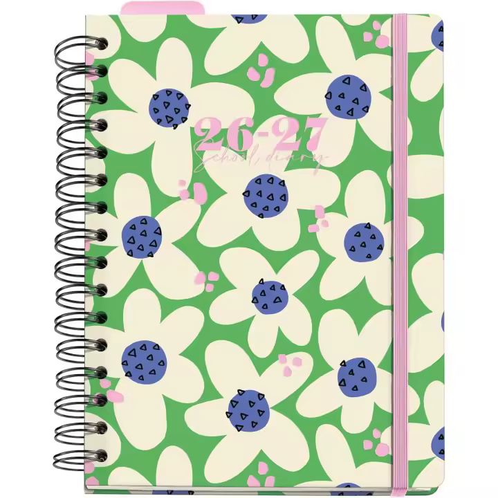 Miquelrius MR21334 Agenda escolar 2026 2027 semana vista A5+, Cartón forrado y cierre de goma, Papel 100 g/m², Doble espiral, Separadores, bolsillo interior, regla marcapáginas y stickers, Green bloom - 1