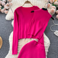 Conjunto De Ropa De Mujer REALEFT Otoño Invierno 3 Piezas Traje De Tejido Knitted Cardigan De Botón Sencillo Y Tops Falda Elegante Para Oficina - details 13