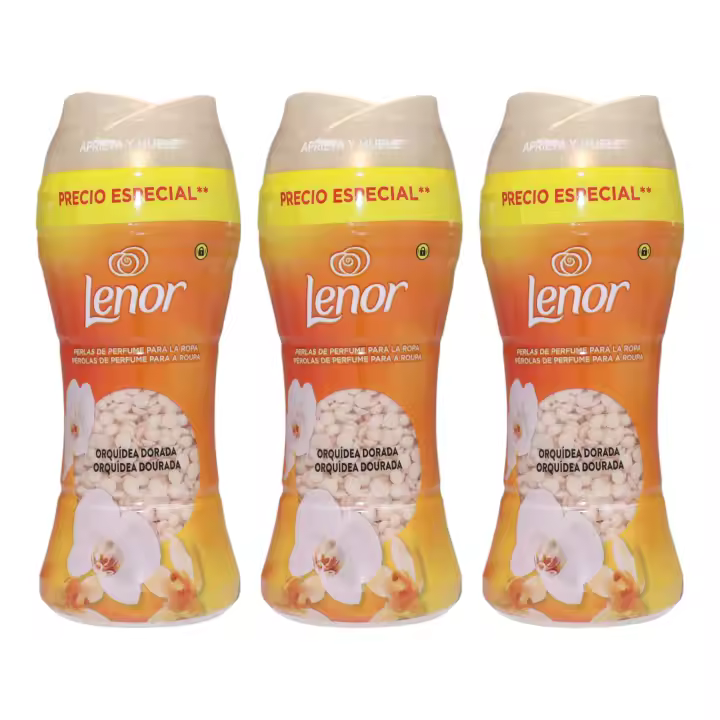 Lenor Pack de 3 Botes de Classics Orquídea Dorada Perlas de Perfume Potenciador de Fragancia para la Ropa Limpieza Tradicional Aromática y Profunda 195g (585g en total ) - El envase puede variar - 1