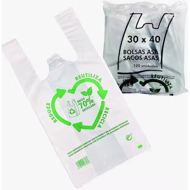 Bolsas de Plástico Tipo Camiseta Resistentes, Reutilizables y Recicladas Tamaño 70% Recicladas Cumple Normativa Aptas Uso Alimentario 120 unida - 1