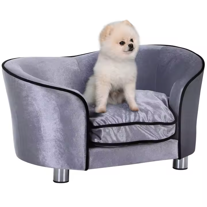 PawHut Sofá para Perros Sofá de Lujo para Mascotas con cojín Sofá para Gatos Cama elevada para Perros Sofá para Perros Cama para Animales Felpa Madera de Abeto Gris Claro 69 x 49 x 38 cm - 1