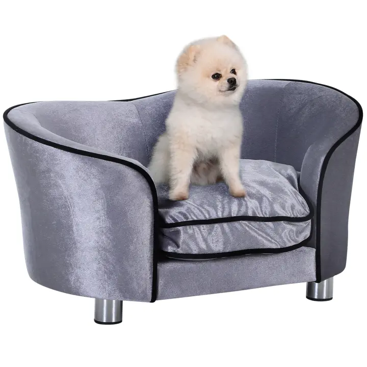 PawHut Sofá para Perros Sofá de Lujo para Mascotas con cojín Sofá para Gatos Cama elevada para Perros Sofá para Perros Cama para Animales Felpa Madera de Abeto Gris Claro 69 x 49 x 38 cm - 1