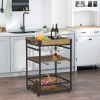 HOMCOM Carro de Cocina Carrito de Servicio Móvil Multiusos con 3 Estantes Bandeja Botellero Soporte Copas y barra para Comedor 77x44,5x91 cm Madera Rústica - details 1