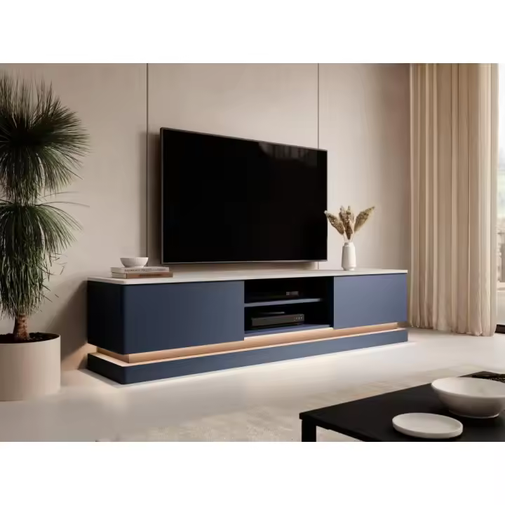 Vente-unique - Mueble TV 2 cajones y 2 estantes con LEDs - MDF - Azul y efecto mármol blanco - DEVIKA de Pascal MORABITO - 1