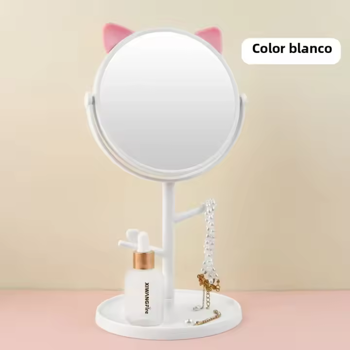 Espejo De Maquillaje Con Orejas De Gato Lindo Y Soporte Para Joyas Giratorio 360° Base De Escritorio Para Baño Y Mesa Espejos De Maquillaje - 1