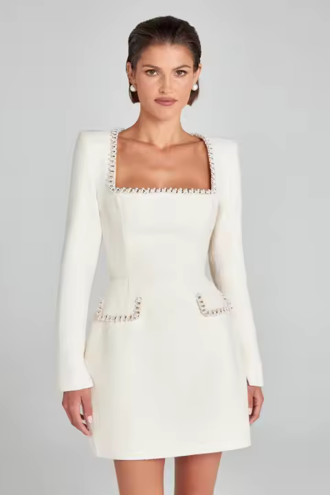 Nuevo Vestido Mini De Verano 2024 Para Mujer Blanco Con Mangas Largas Cuello Cuadrado Bolsillos Decorativos A-line Bodycon Para Fiestas Celebridades Polyester Elástico - 1