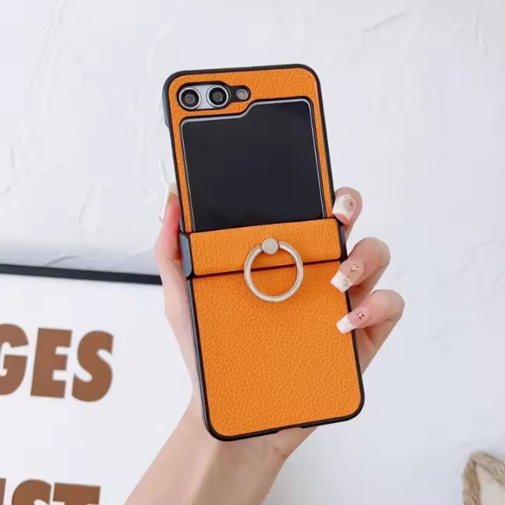 Funda De Cuero Con Patrón De Lichia Para Samsung Galaxy Z Flip 6 5 4 3 Flip6 Flip5 Flip4 Flip3 5G Con Anillo Soporte Antichocolate - 1