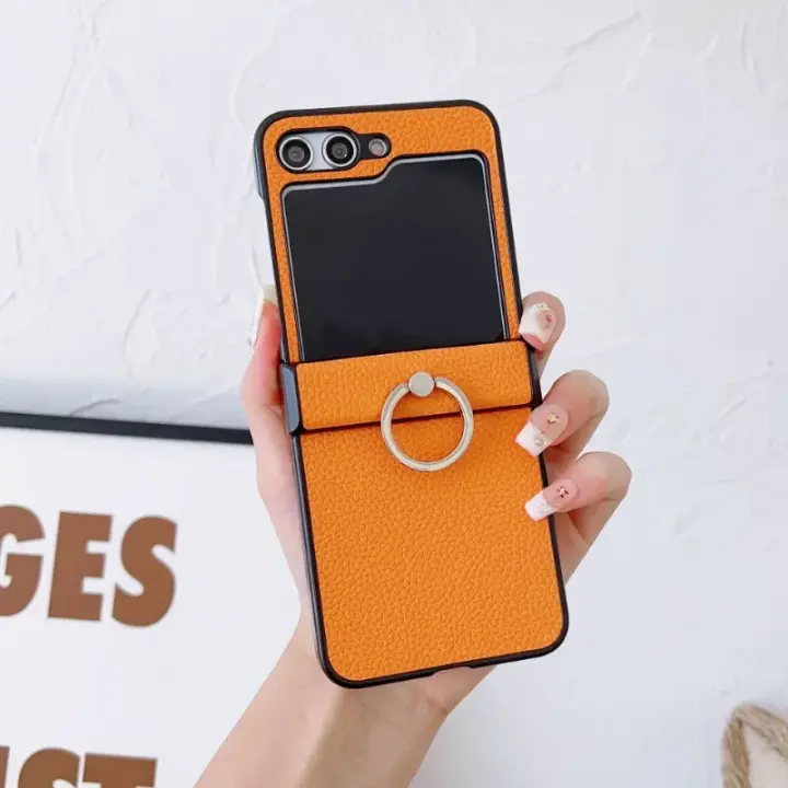 Funda De Cuero Con Patrón De Lichia Para Samsung Galaxy Z Flip 6 5 4 3 Flip6 Flip5 Flip4 Flip3 5G Con Anillo Soporte Antichocolate - 1