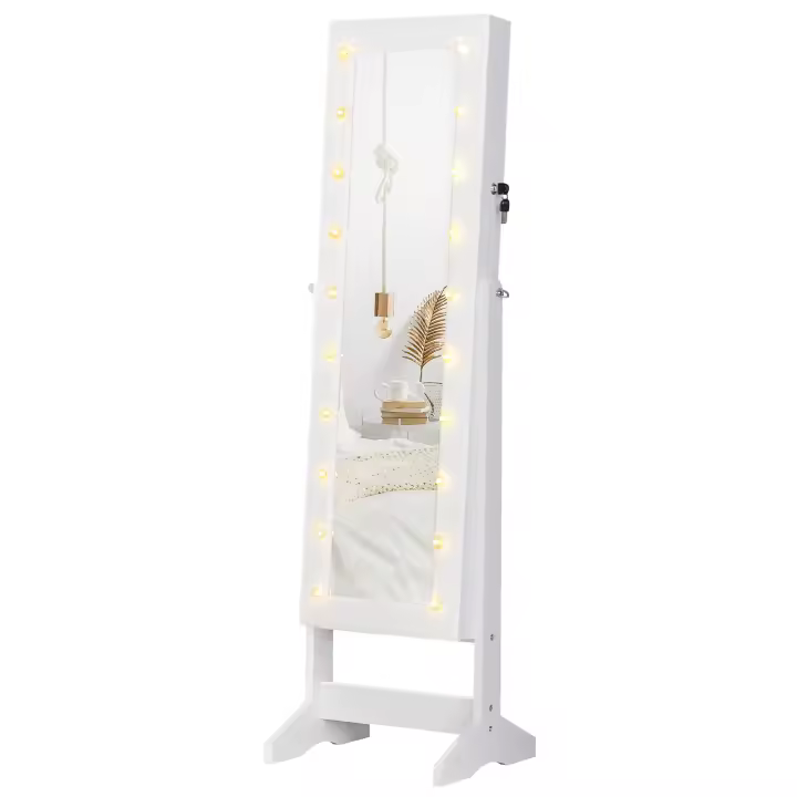 HOMCOM Joyero de Pie con Espejo Armario para Joyas 20 Luces LED Reclinable Guardajoyas Anillos Pendientes Collares Cerradura Madera 40x37x146cm Blanco - 1