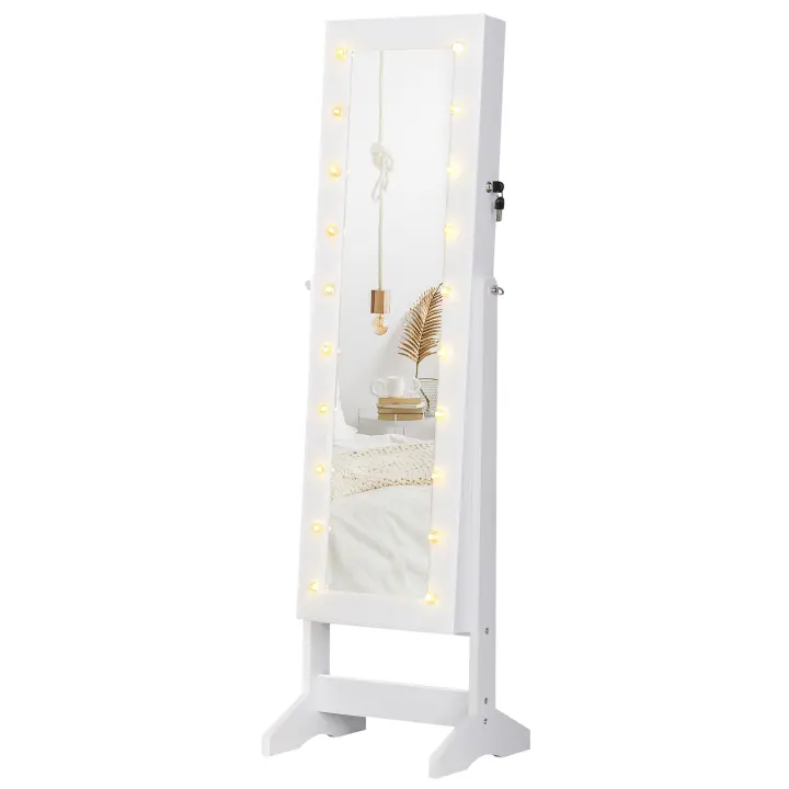 HOMCOM Joyero de Pie con Espejo Armario para Joyas 20 Luces LED Reclinable Guardajoyas Anillos Pendientes Collares Cerradura Madera 40x37x146cm Blanco - 1