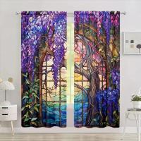2pcs Cortina De Vidrio Estampada Con Flor De Wisteria Para Decoración Del Hogar - Bolso De Percha Para Dormitorio Oficina Cocina Y Sala De Estar - details 4