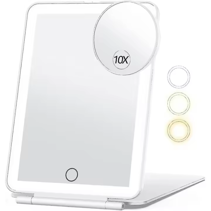 Espejo de maquillaje de viaje con Espejo de augmentation 10x, con 80LED Espejo de vanidad, iluminación de 3 Colores, baterías recargables de 2000mAh, Ligh ultra Delgado portátil - 1