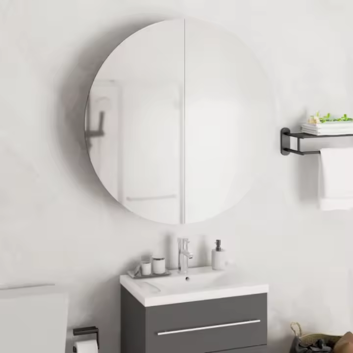 vidaXL Armario de baño con espejo redondo y LED 54x54x17,5 cm en color Gris/Blanco/Marrón y más | almacenamiento funcional diseño moderno para baño dormitorio sala - 1