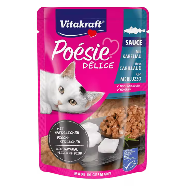 Vitakraft Poesie Delice Salsa con Bacalao 85 gr Bocaditos en Salsa para Gatos de Calidad Premium Sin Cereales Grain free - 1