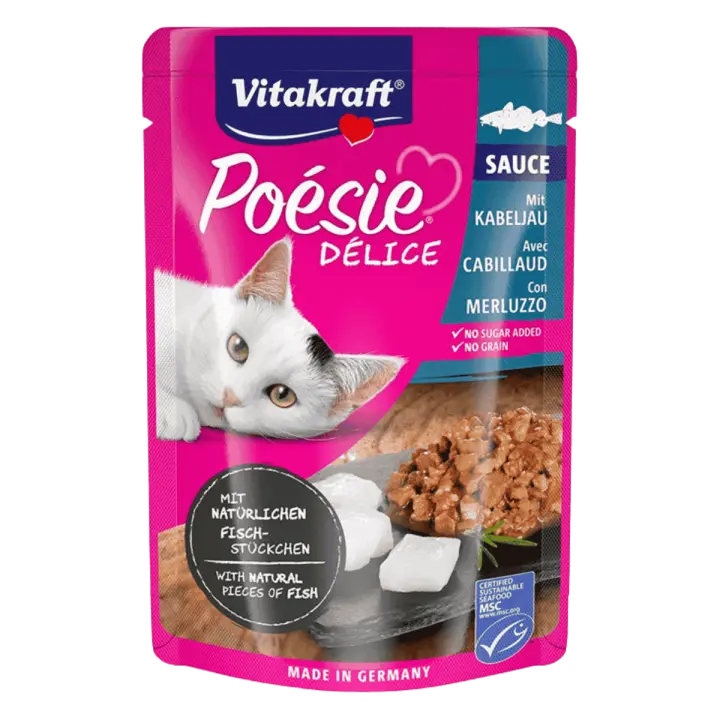 Vitakraft Poesie Delice Salsa con Bacalao 85 gr Bocaditos en Salsa para Gatos de Calidad Premium Sin Cereales Grain free - 1