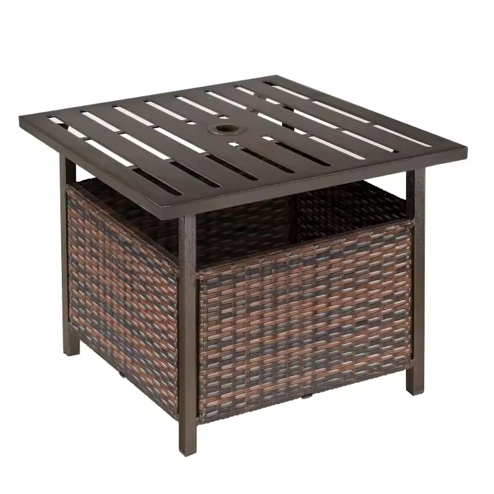 Outsunny Mesa de Comedor Exterior de Ratán Mesa Auxiliar con Orificio para Sombrilla de Acero con Mesa Cuadrada para Jardín Terraza Patio 55,5x55,5x46 cm Marrón - 1