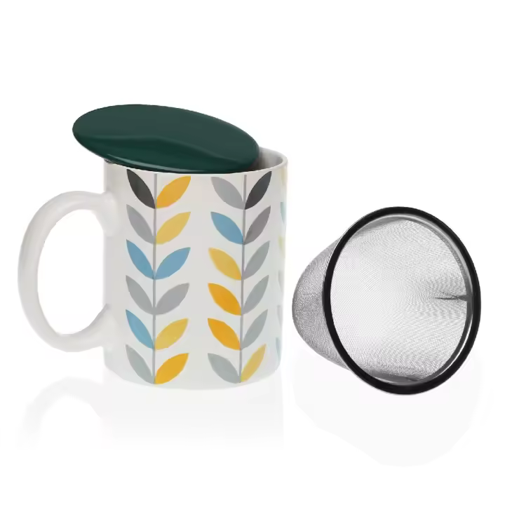 Mug Infusión/Flitro  Avalon Porcelana Blanca Hojas Amarillas y Grises (12x8x10 cm) - 1