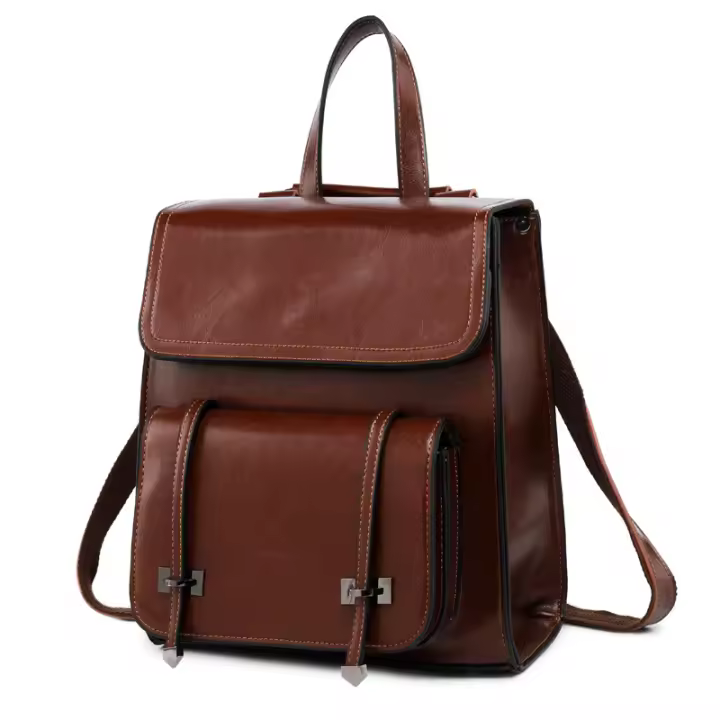 Mochila De Cuero Genuino Para Mujer Bolsa De Viaje Con Portátil Capacidad De 20-35 Litros Estilo Preppy Saco De Hombro - 1