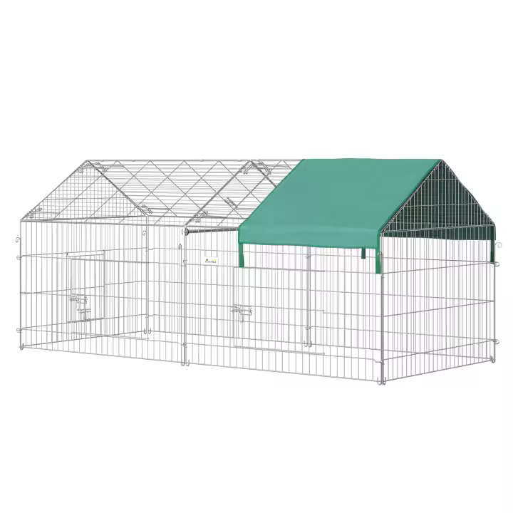 PawHut Jaula Recinto para Animales Pequeños 220x103x103 cm Jaula para Conejos Corral con 2 Puertas y Protección contra Solar para Exterior Jardín Patio Plata y Verde - 1
