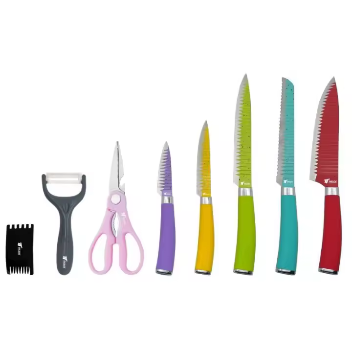 Set de 8 Cuchillos con Hoja de Acero Inoxidable Antiadherente Este set de 8 cuchillos, con hojas de acero inoxidable antiadherente, te ofrece precisión y comodidad en cada corte. - 1