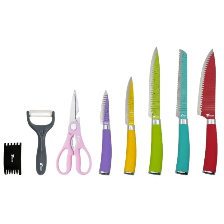 Set de 8 Cuchillos con Hoja de Acero Inoxidable Antiadherente Este set de 8 cuchillos, con hojas de acero inoxidable antiadherente, te ofrece precisión y comodidad en cada corte. - 1